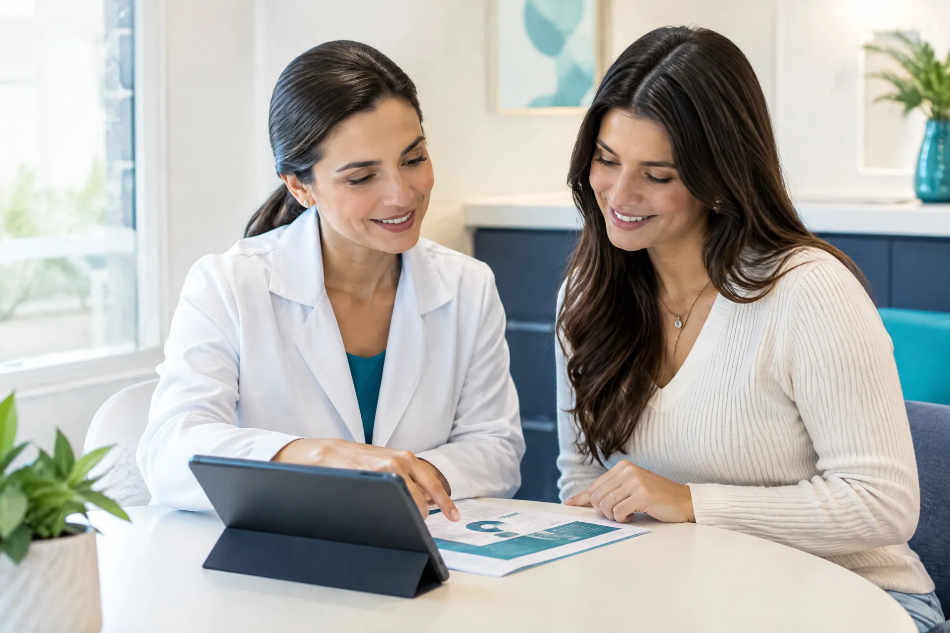 Dentista orientando paciente com o protocolo em um tablet